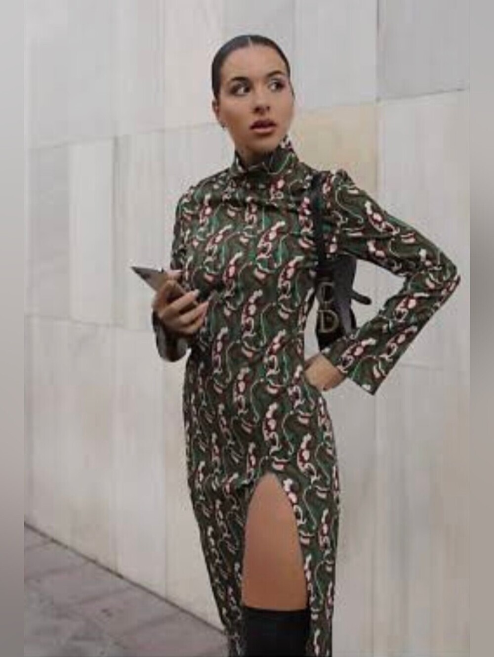 Zara Dark Green Printed Long-Sleeve High-Neck Dress with Side Slit